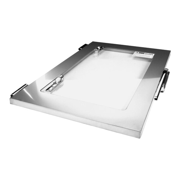 A silver rectangular stainless steel tray with a clear glass top inside a Henny Penny holding cabinet.