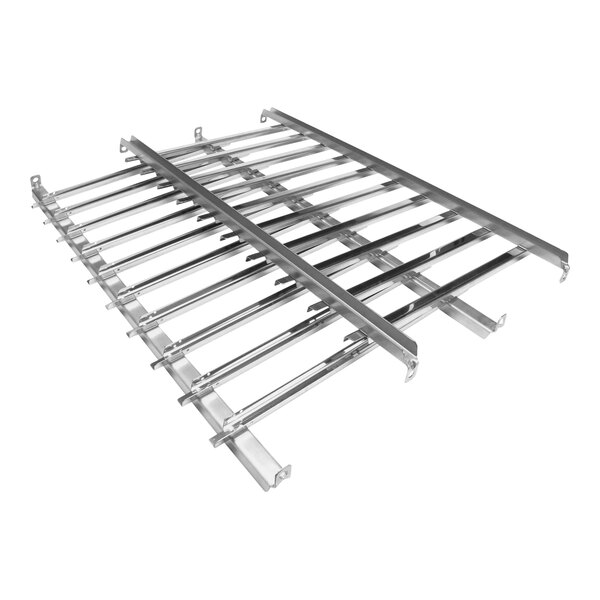 A Henny Penny stainless steel rack with metal rods.