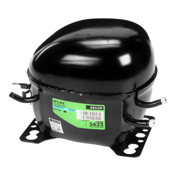 A black air compressor with a green label.