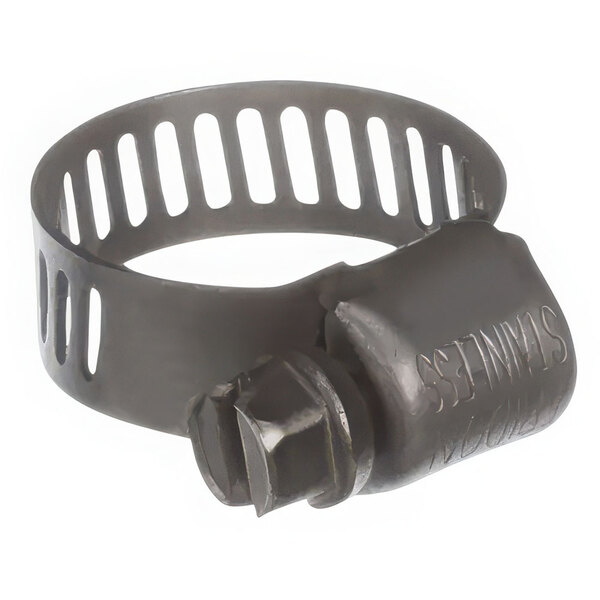 A black metal Henny Penny hose clamp with a nut.