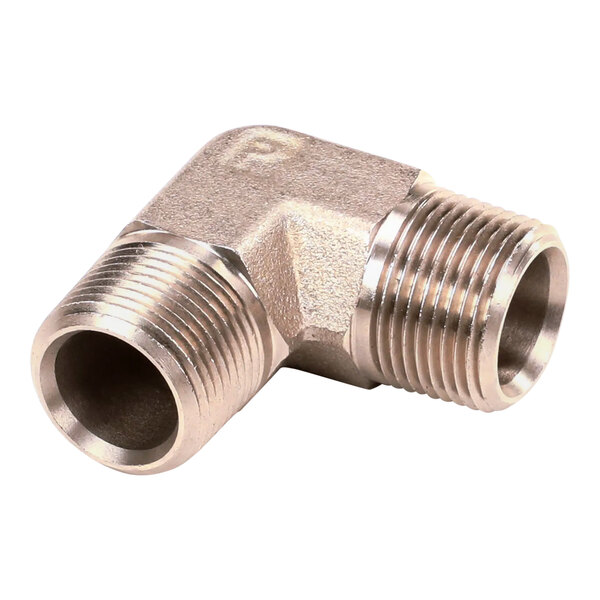 A nickel-plated metal Henny Penny 90 degree elbow pipe fitting.