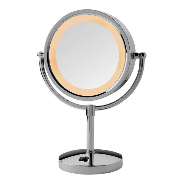 A Jerdon round chrome makeup mirror with stand.