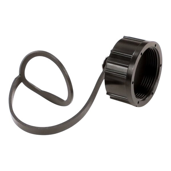 A black plastic cap with a cord attached.
