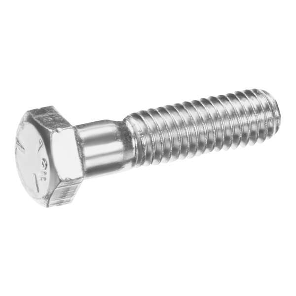 A close-up of a stainless steel hex head screw.