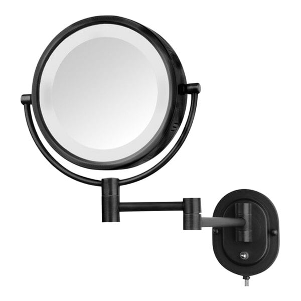 A Jerdon black wall-mounted LED magnifying mirror with a black arm.