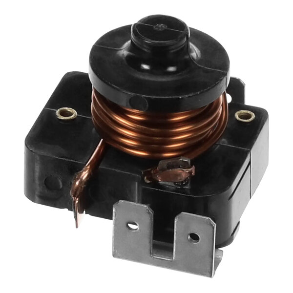 A Beverage-Air Tec relay with a black and copper coil and metal corners.
