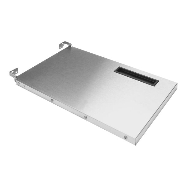 A metal rectangular tray with a black handle on the left.