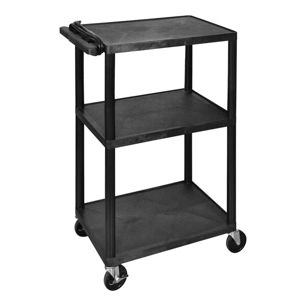 A black Luxor plastic utility cart with three shelves and wheels.