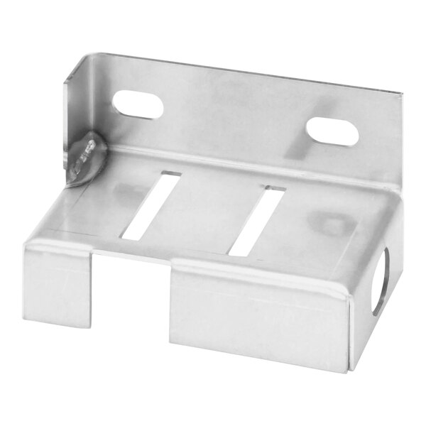 A metal bracket with holes for a Henny Penny gas fryer door latch.