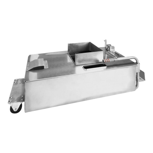 A large rectangular stainless steel metal box with a lid.