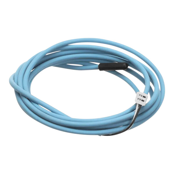 A close up of a blue cable with a black connector.