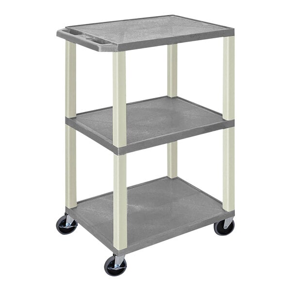 A gray rectangular Luxor plastic utility cart with three shelves and wheels.