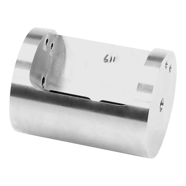 A stainless steel metal cylinder with a hole in it.