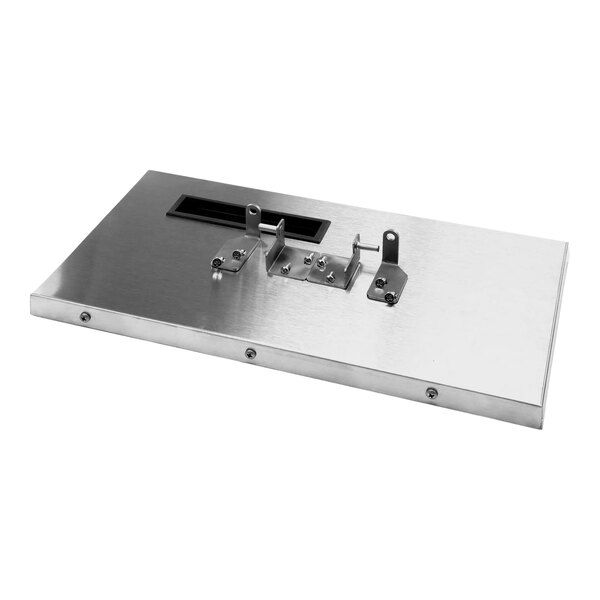 A metal plate with a metal latch and screws.