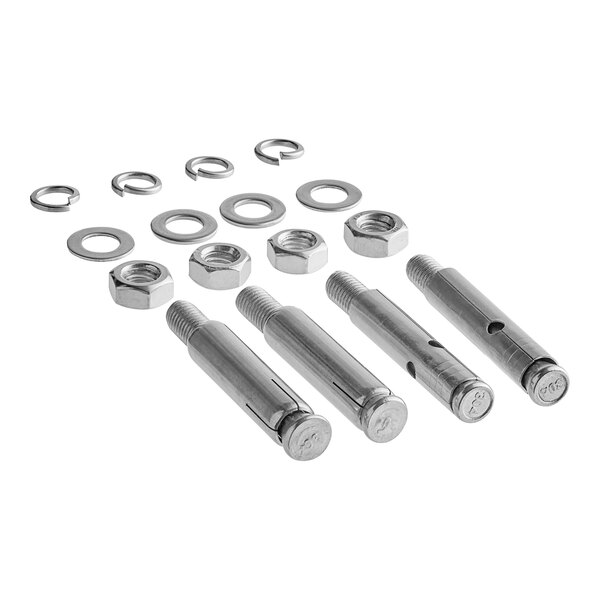 A group of metal bolts and nuts with a screw.