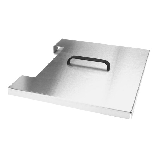 A stainless steel metal cover with a black handle.