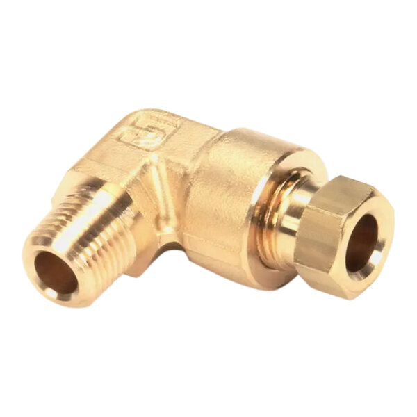 A gold colored Henny Penny elbow pipe fitting with a threaded end.