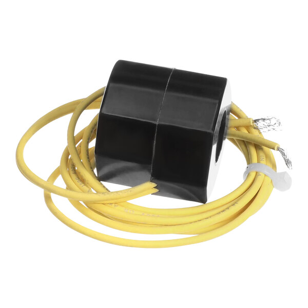 A black plastic object with yellow and black wires and plugs.