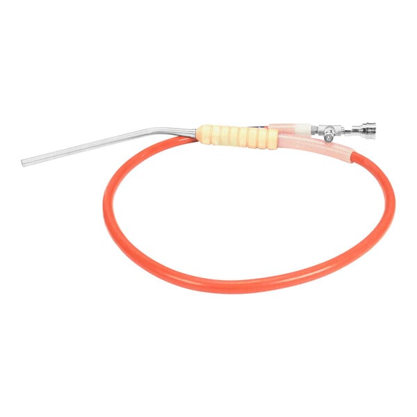 A red tube with a white hose and a white handle on a Henny Penny dual gender assembly-filter hose.