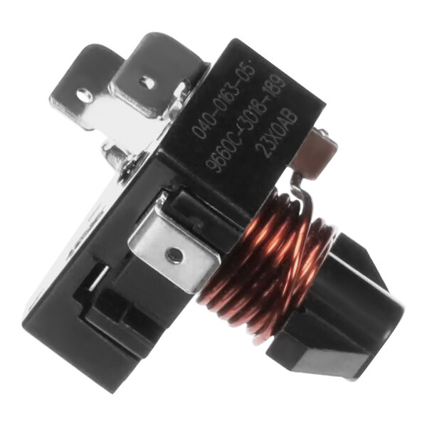 A close-up of a black and silver Beverage-Air relay with a black and red wire.