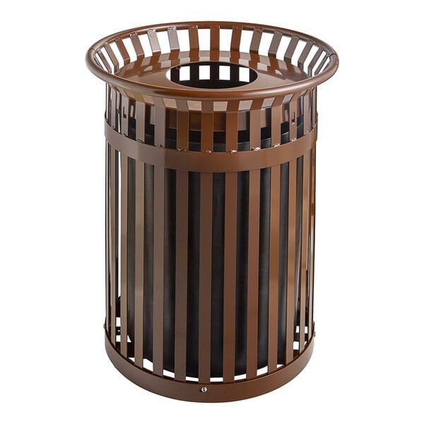 A brown steel slatted Lancaster Table & Seating outdoor trash can with a flat lid.