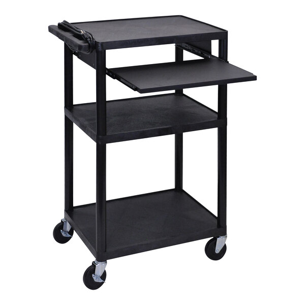 A black Luxor plastic utility cart with three shelves and wheels.