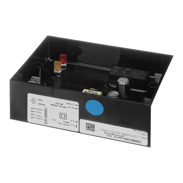 A black rectangular Henny Penny control box with white labels and blue and red buttons.