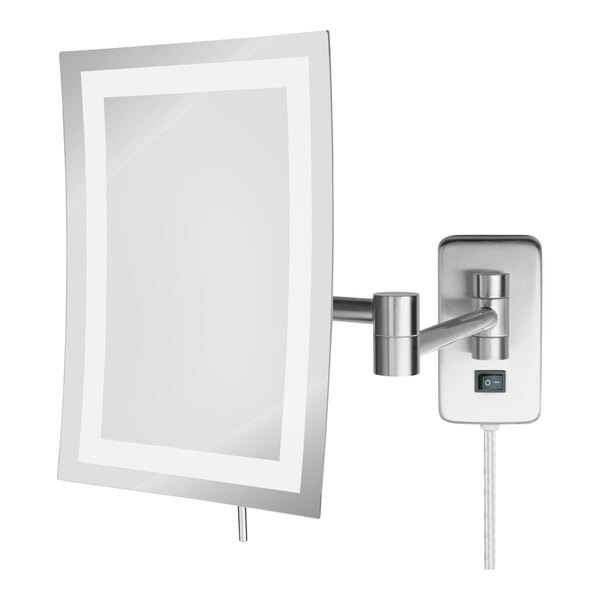A Jerdon rectangular nickel wall-mounted LED mirror with a cord.