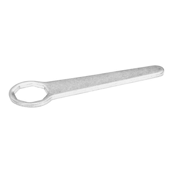 A silver wrench with a round end.