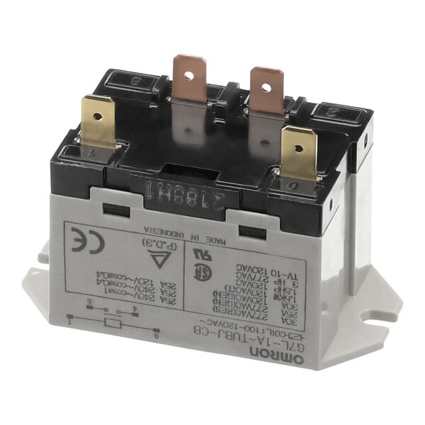 A grey and black Beverage-Air Omron relay with two wires and two switches.
