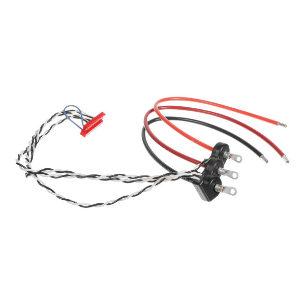 A wiring harness with black and red electrical wires and several wires with connectors.