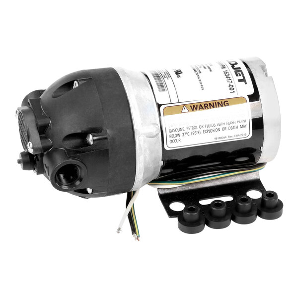 A black electric motor with a hose and black and silver pump.