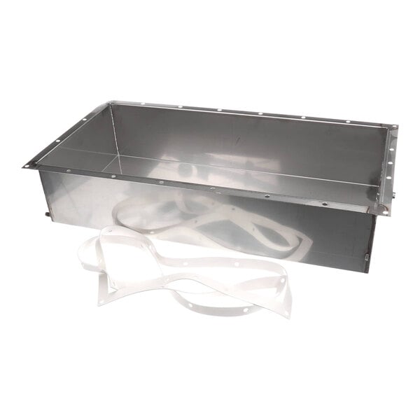 A stainless steel water pan for a Henny Penny fryer with white straps.
