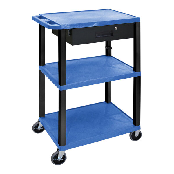 A blue and black Luxor plastic utility cart with shelves and heavy-duty casters.