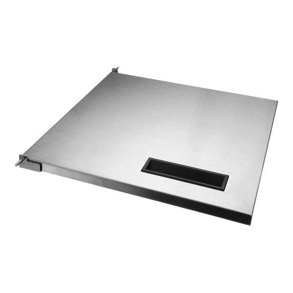 A silver metal tray with a black handle.
