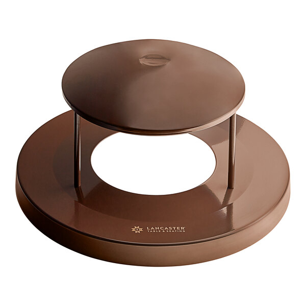 A brown round rain bonnet lid for a steel outdoor trash can.