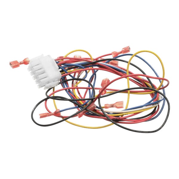 A white wiring harness with colorful wires.