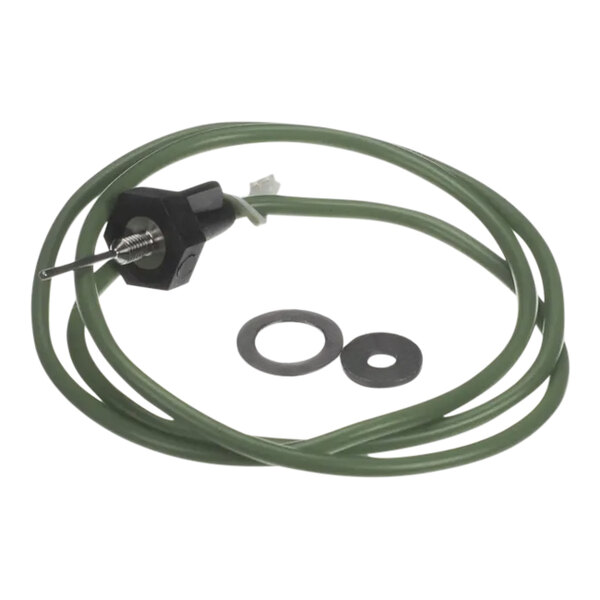A green cable with a black handle and a circle with two washers.