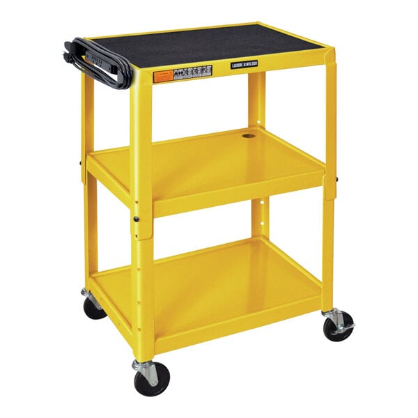 A yellow Luxor steel utility cart with wheels.