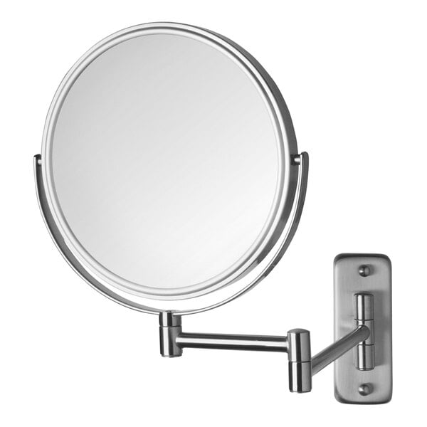 A Jerdon round nickel wall-mounted magnifying mirror with a metal arm.