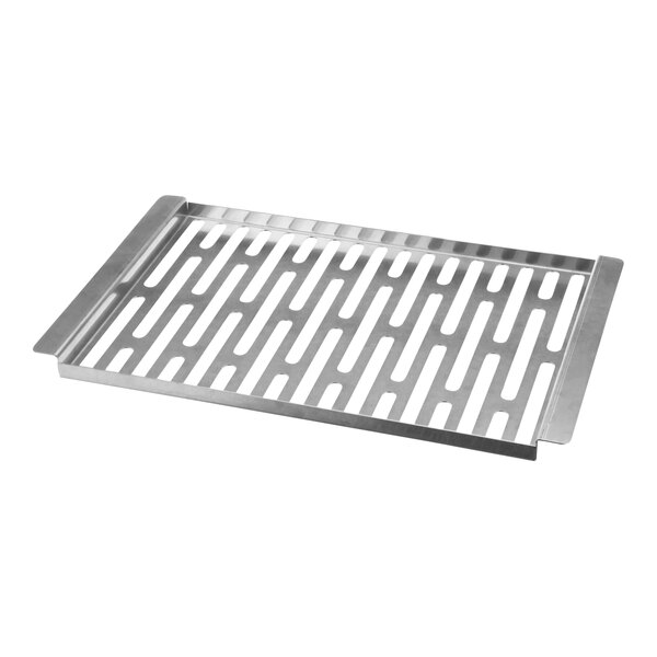 A stainless steel metal tray with holes and a handle.