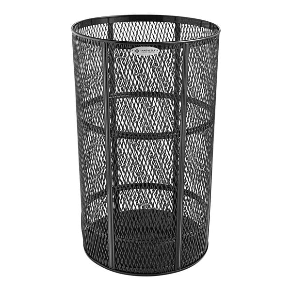 A black metal trash can with mesh.