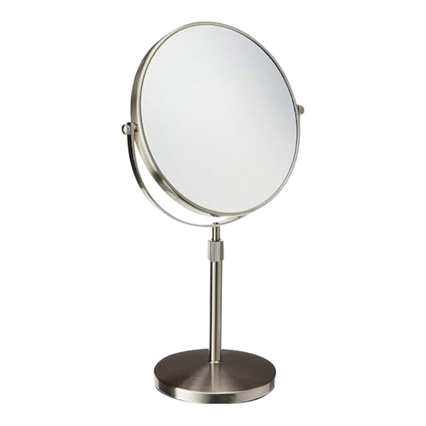 A Jerdon round nickel tabletop mirror with a metal base.