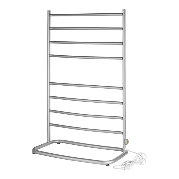 A silver metal Jerdon freestanding towel warmer with eight bars and a cord.