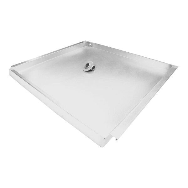 A stainless steel Henny Penny assembly drain pan with handles and a hole in the middle.