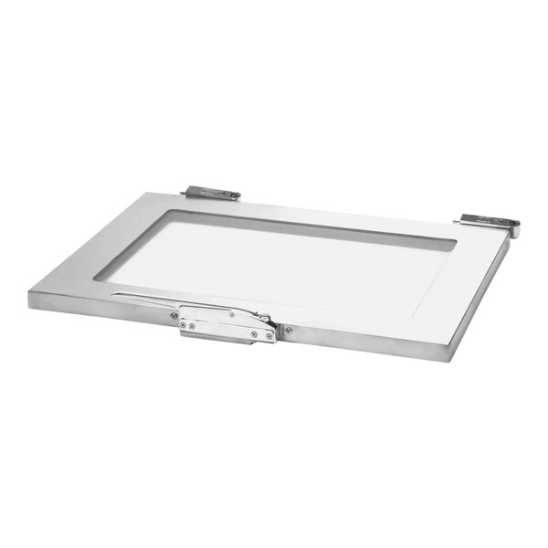 A Henny Penny glass door with a metal frame and a clear window.