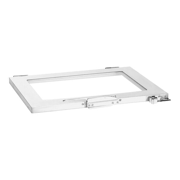 A white metal rectangular frame with a metal handle and glass window.