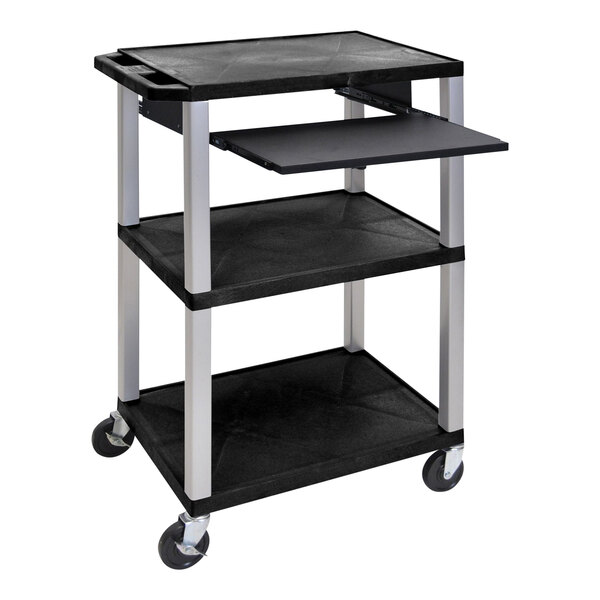 A black and silver Luxor plastic utility cart with three shelves and a black tray.