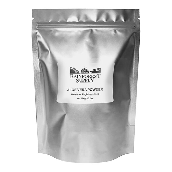 A silver bag of Rainforest Supply Aloe Vera Powder with a white label.
