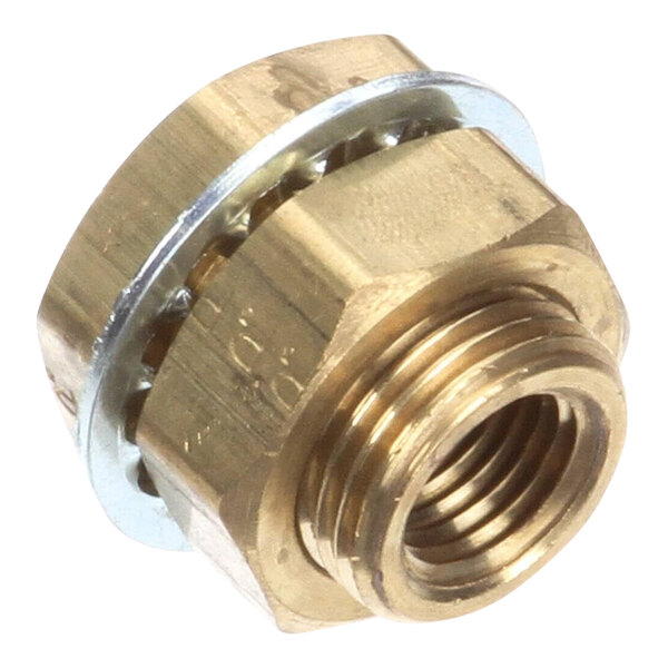 A close-up of a brass threaded female connector on a Henny Penny bulkhead adaptor.